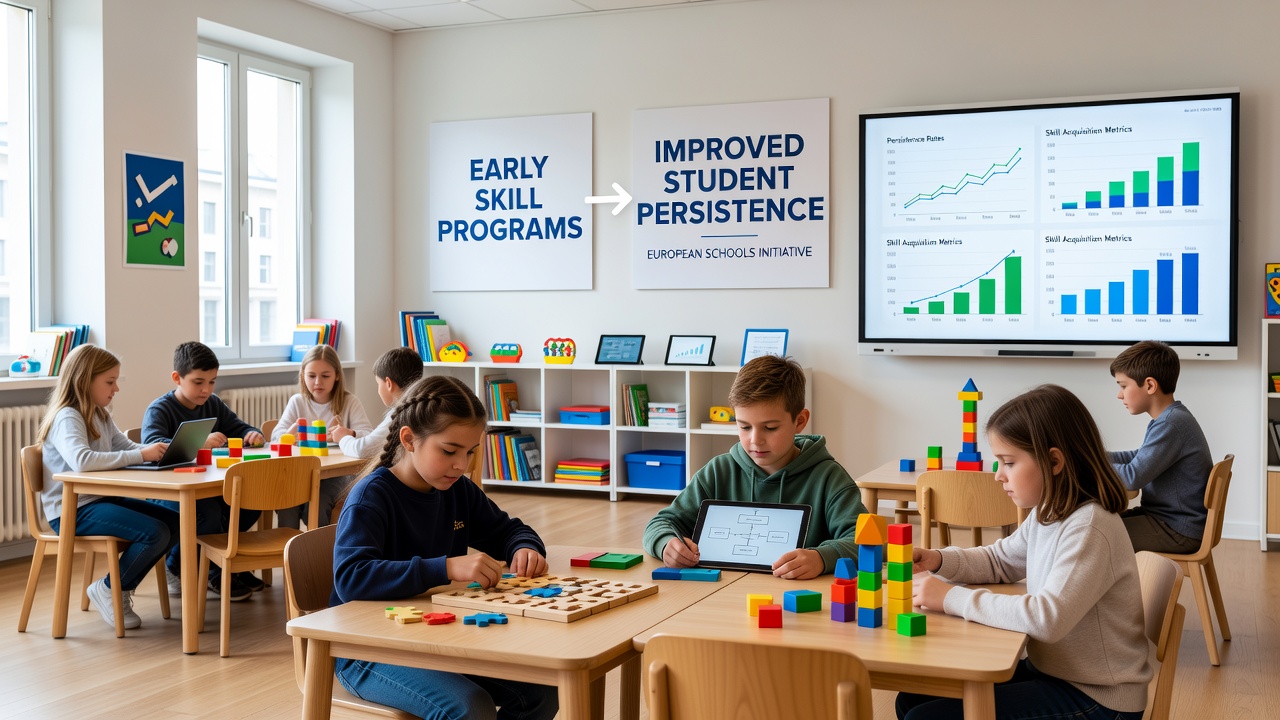 Classroom scene showing collaborative skill-building activities that contribute to sustained student engagement across European schools