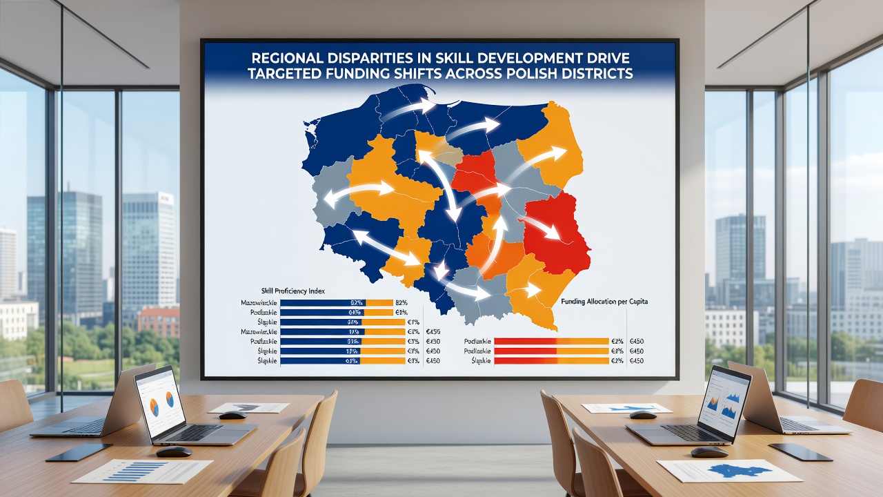 Polish educators reviewing skill development data and funding distribution charts